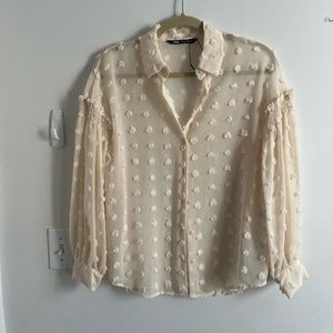 Zara Cream sheer oversized button down with detail like new